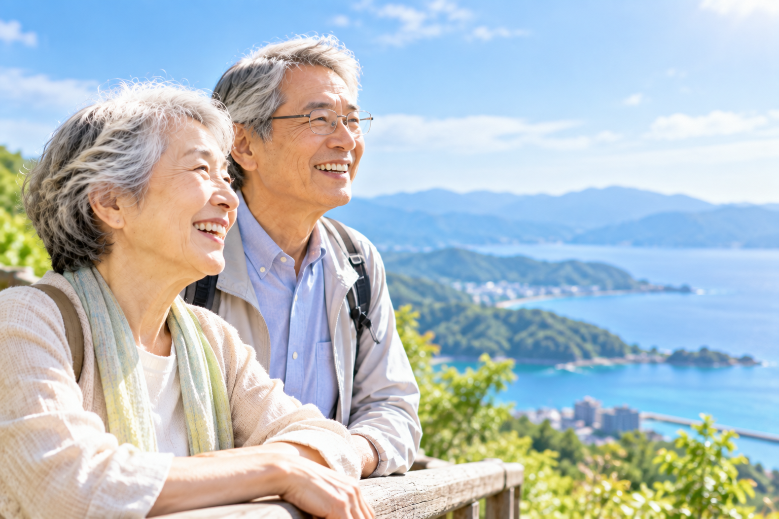 旅先で景色を眺めながら微笑むシニア夫婦