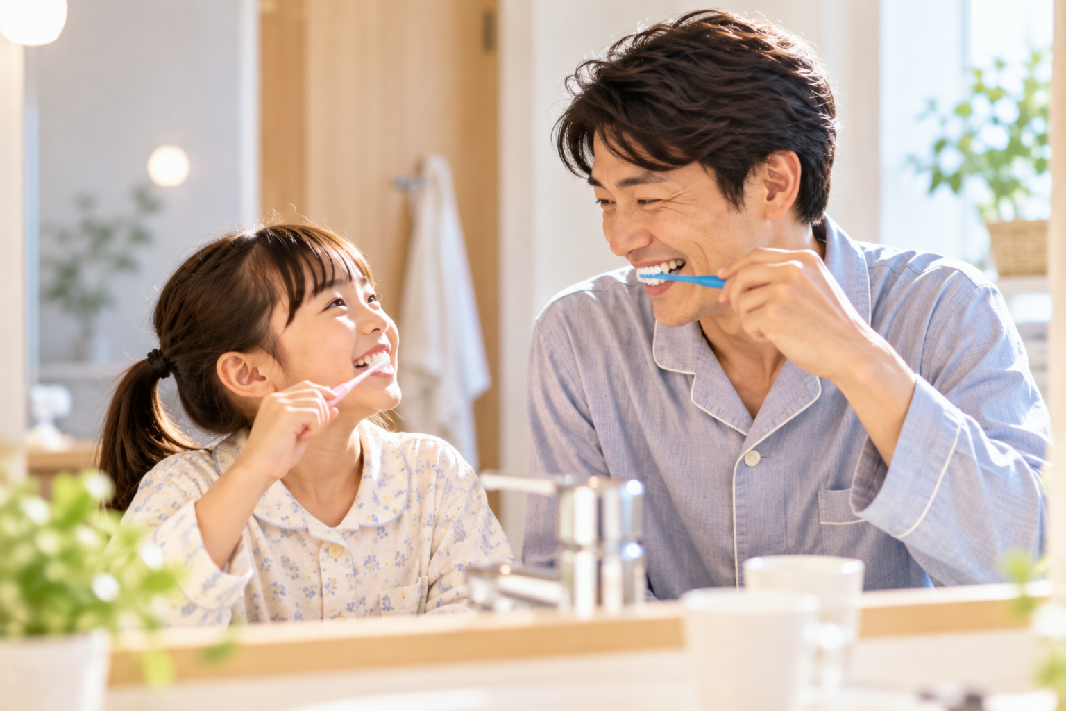 パジャマ姿で一緒に歯磨きをする父親と娘