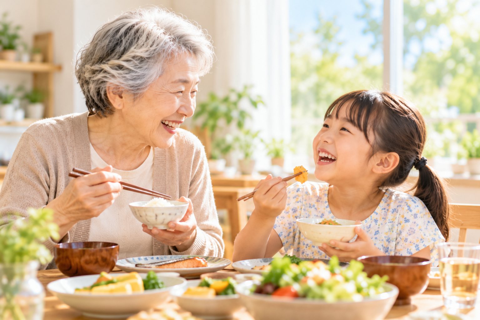 明るい食卓で笑顔で食事を楽しむ祖母と女の子